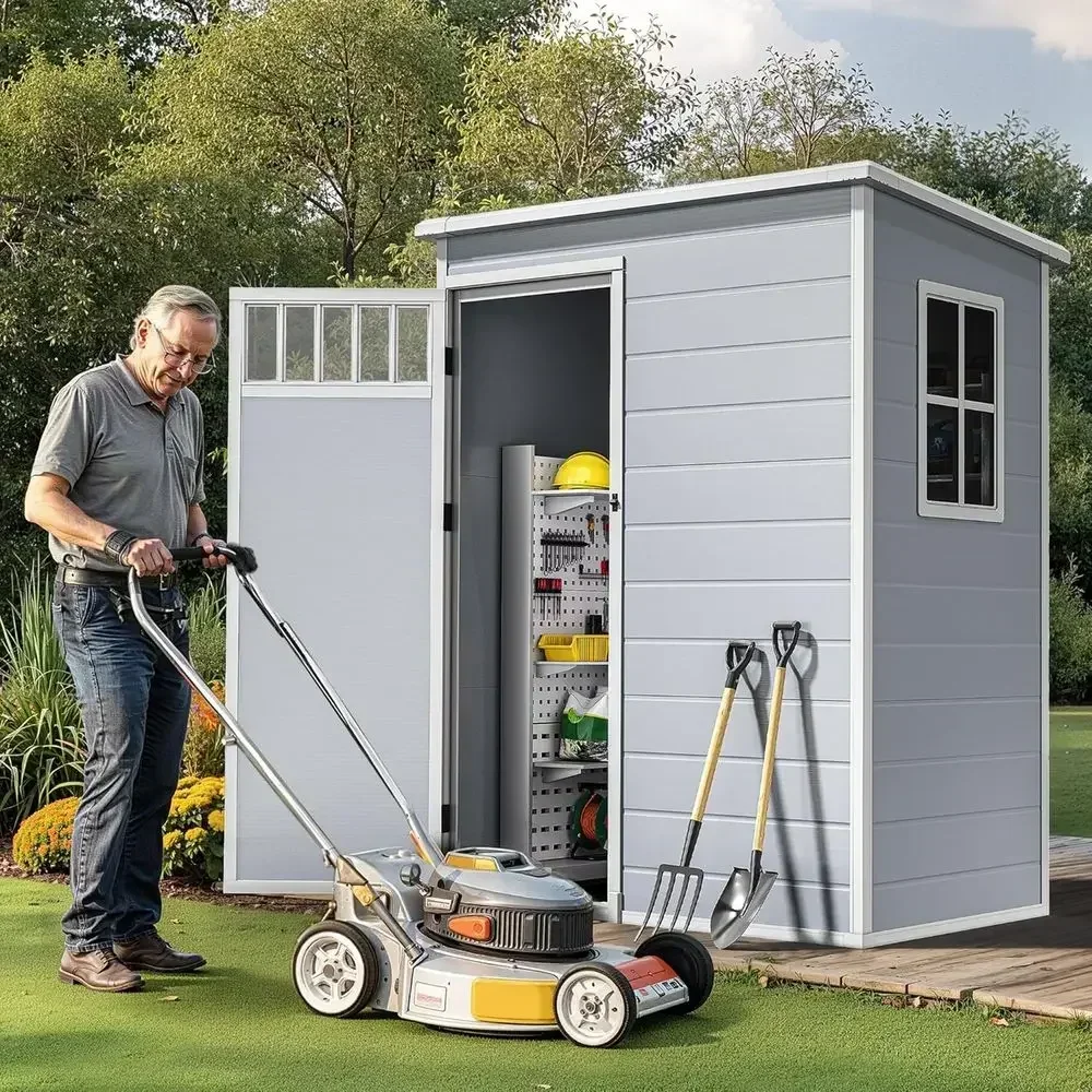 Gray 5x3 Outdoor Storage Shed with Enclosed-Style, Side Windows, Floor, Lockable Door for Backyard and Garden