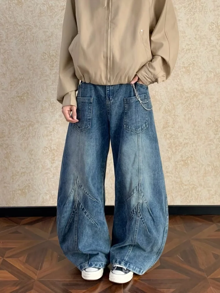 2026 Cyber Y2K Fashion Washed Blue Patchwork Baggy Jeans Pants For Men Clothing Straight Cotton Denim Trousers Pantalon Hombre
