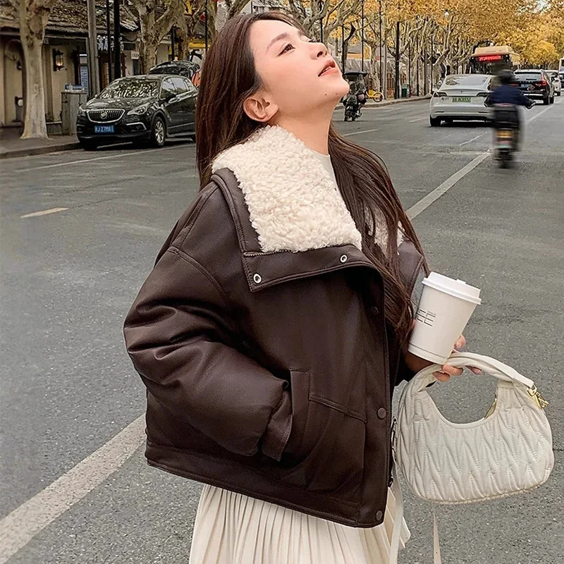 سترة نسائية شتوية بسحّاب من الجلد السميك سترة Mujer أنيقة من صوف الضأن الصناعي للنساء بياقة مقلوبة سترات دافئة
