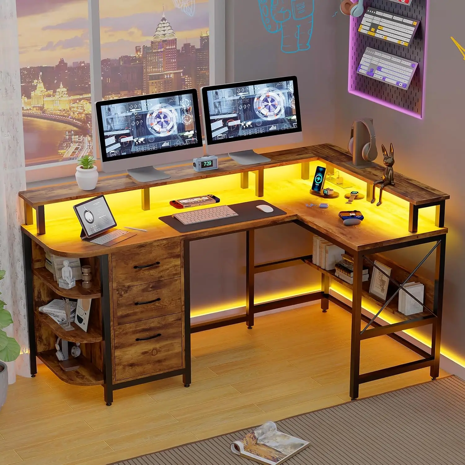 Vabches Computer Desk with LED Lights&Power Outlets Reversible L-Shape Gaming Desk with 3 Drawers Standing Desk for Home Office