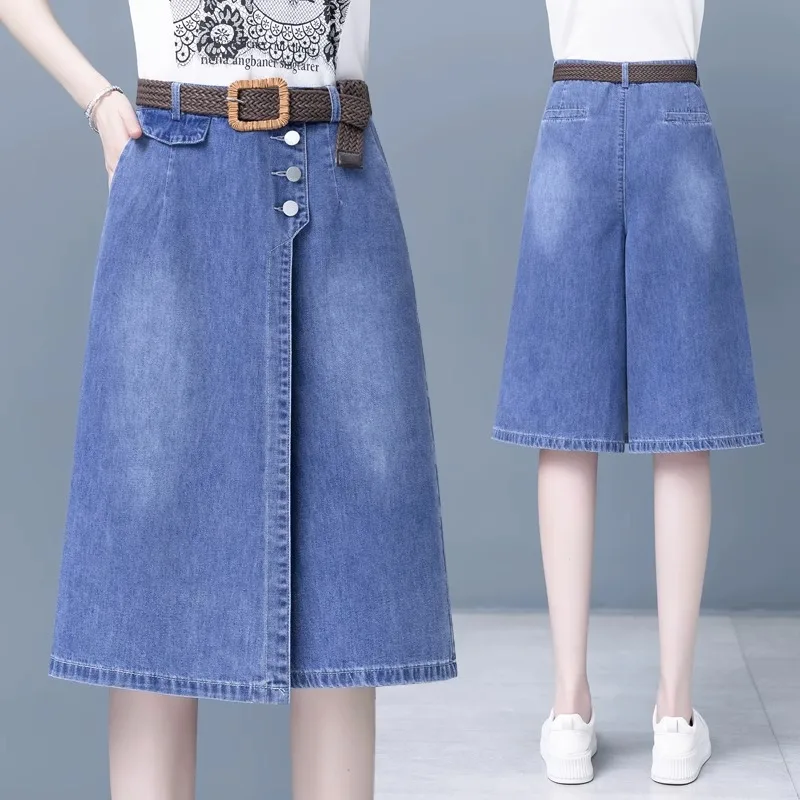 High Waist Loose Fit Seven-Foot Jeans Women's Summer New Sle Slimming Thin Wide Leg Midi Skirt Pants Cool Sensation