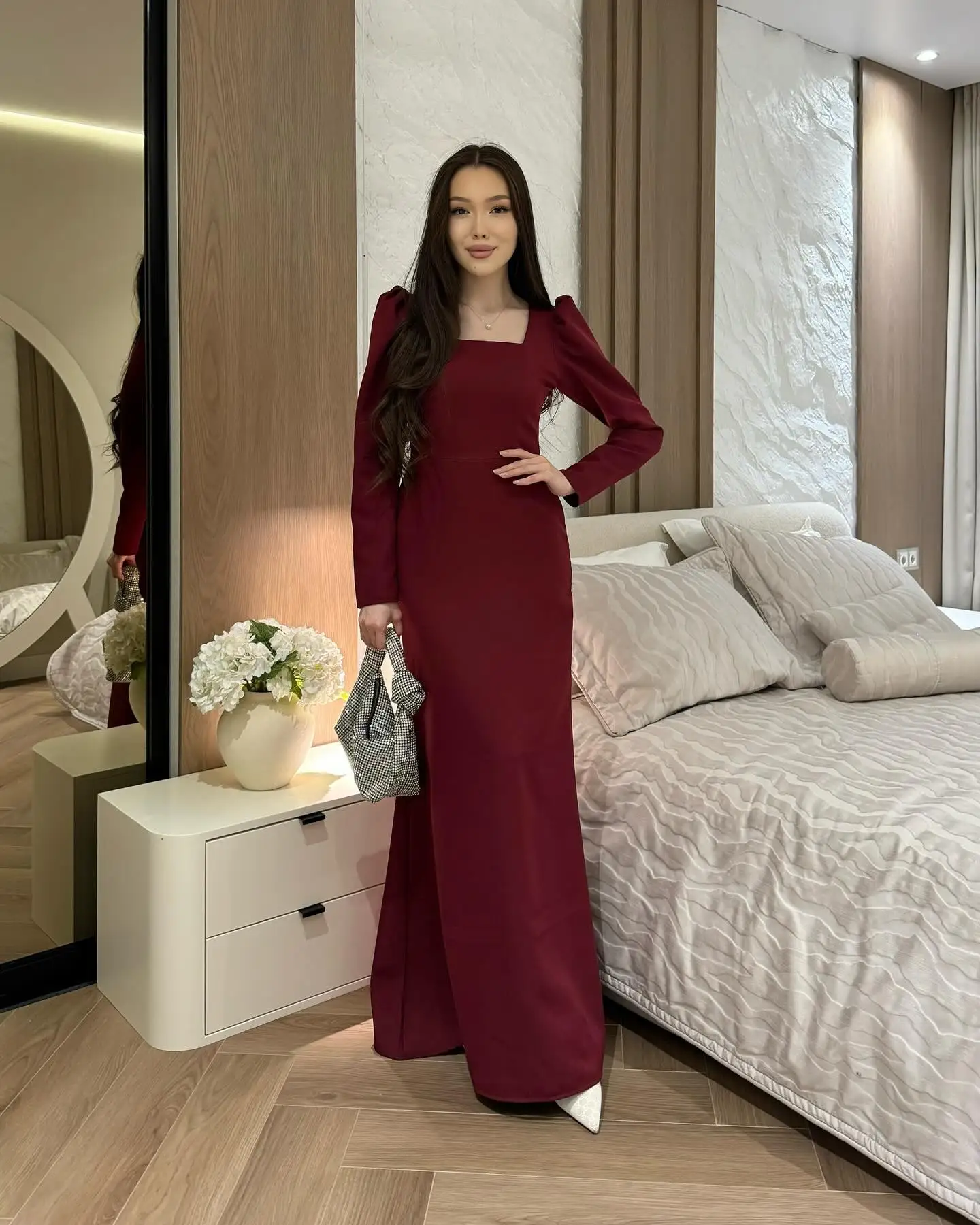 

Jirocum customized Women's Square Neck Prom Gown Long Sleeve Elegant Party Evening Dress Floor Length Formal Occasion Dresses