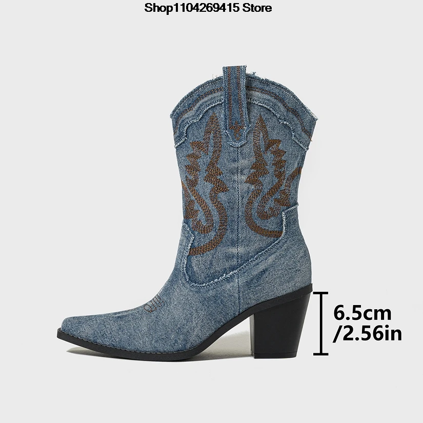 Autumn Winter Comfy Western Cowboy Boots Vintage Women Embroidery Denim High Heels Party Dress Ladies Shoes Booties