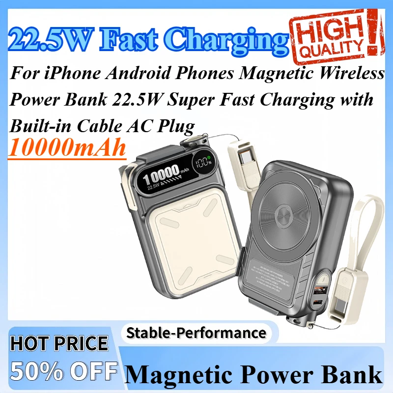 

10000mAh Magnetic Wireless Power Bank 22.5W Super Fast Charging with Built-in Cable AC Plug Compatible For iPhone Android Phones