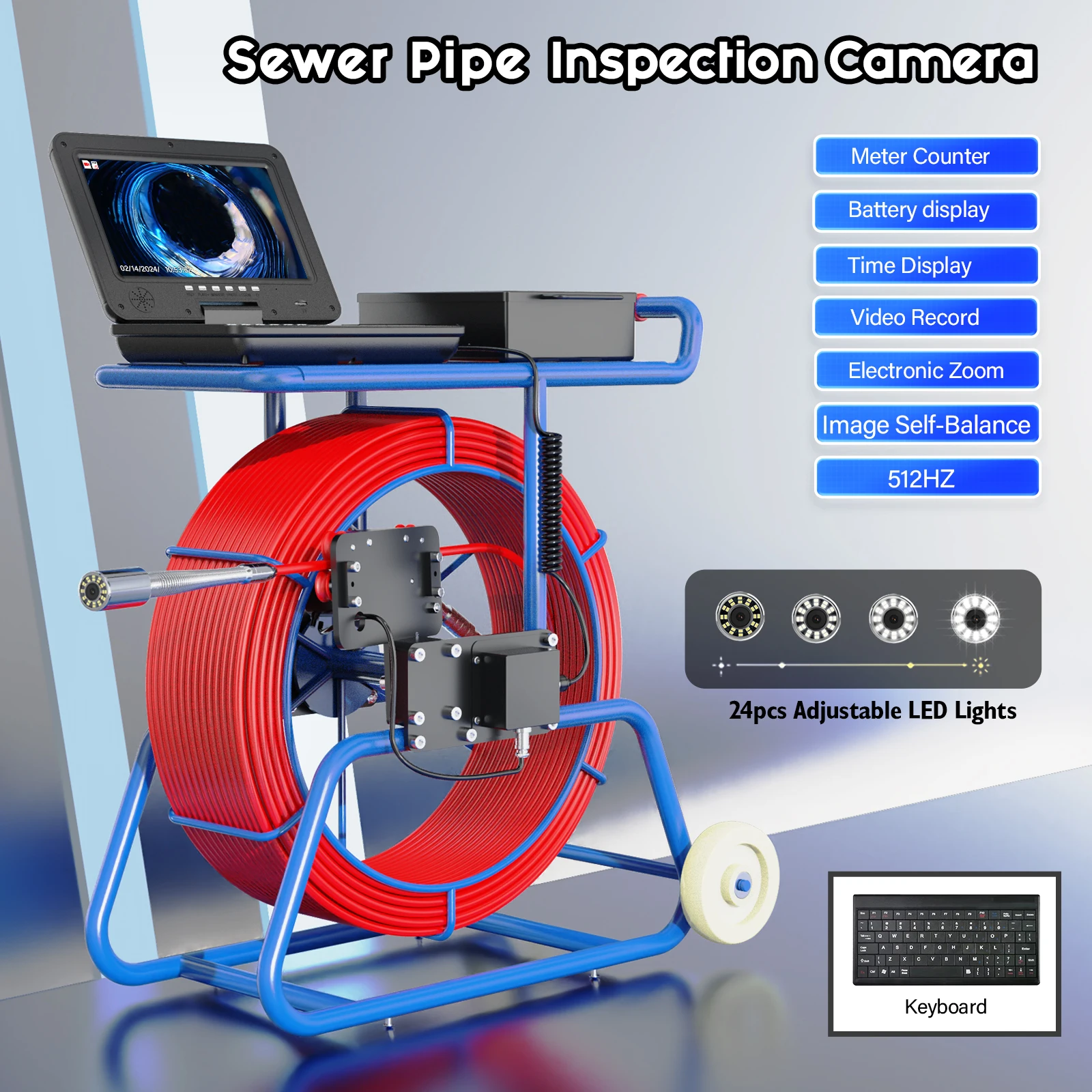 9mm Cable Sewer Pipe Inspection Camera 10 Inch IPS 1080P Screen and Meter Counter+Self-Leveling 512HZ Locator+ 100M Diameter 9mm