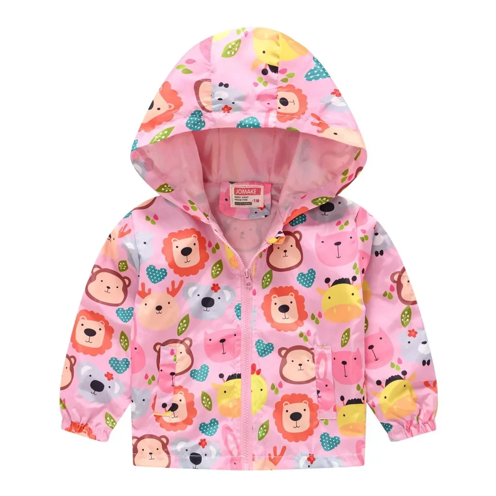 Spring Autumn Children's Coat Fashion Cartoon Print Hooded Trench Jacket Cute Out Wear Kids Jackets for Girls Boys Clothes