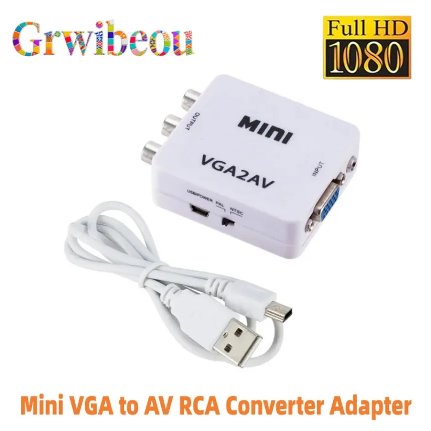 HD 1080P Mini VGA to AV RCA Converter Adapter with 3.5mm Audio Support  VGA2AV RCA Converter PC to TV HD Computer to TV