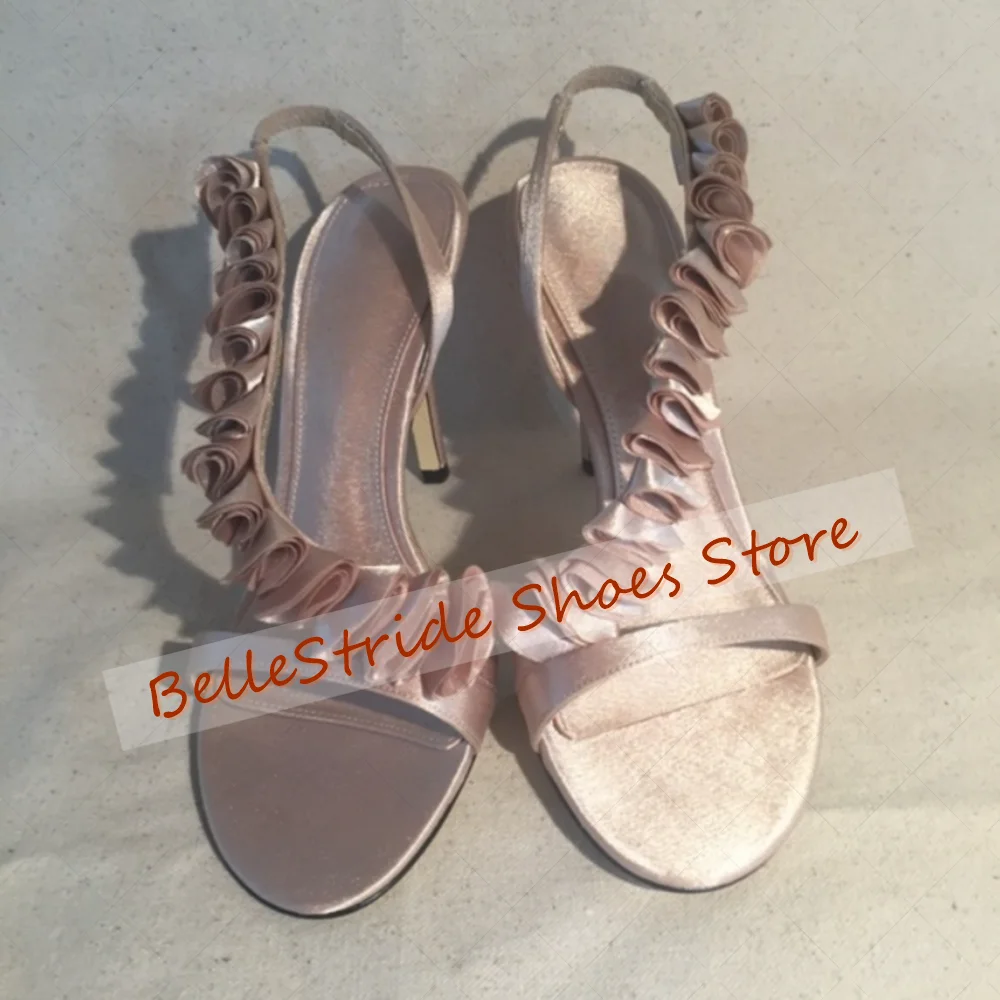 

Pink Flowers Decor Satin Sandals Round Toe Sexy Women Shoes Stilettos High Heels Party Banquet Dating 2025 Zapatos Para Mujere