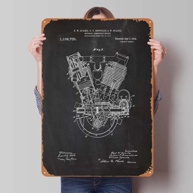 1914 Combustion Engine Blueprint Poster Decor for Room Decoration Vintage Metal Tin Sign for Game Room Garage Wall Decoration