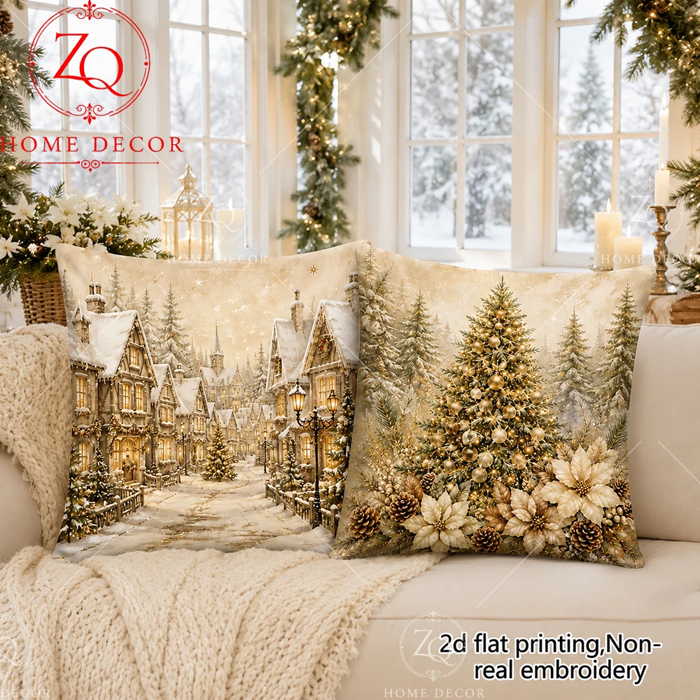 Vintage Christmas  Throw Pillow Covers Winter Snowy Village Xmas Tree Decorative Pillowcases For Couch Bedroom
