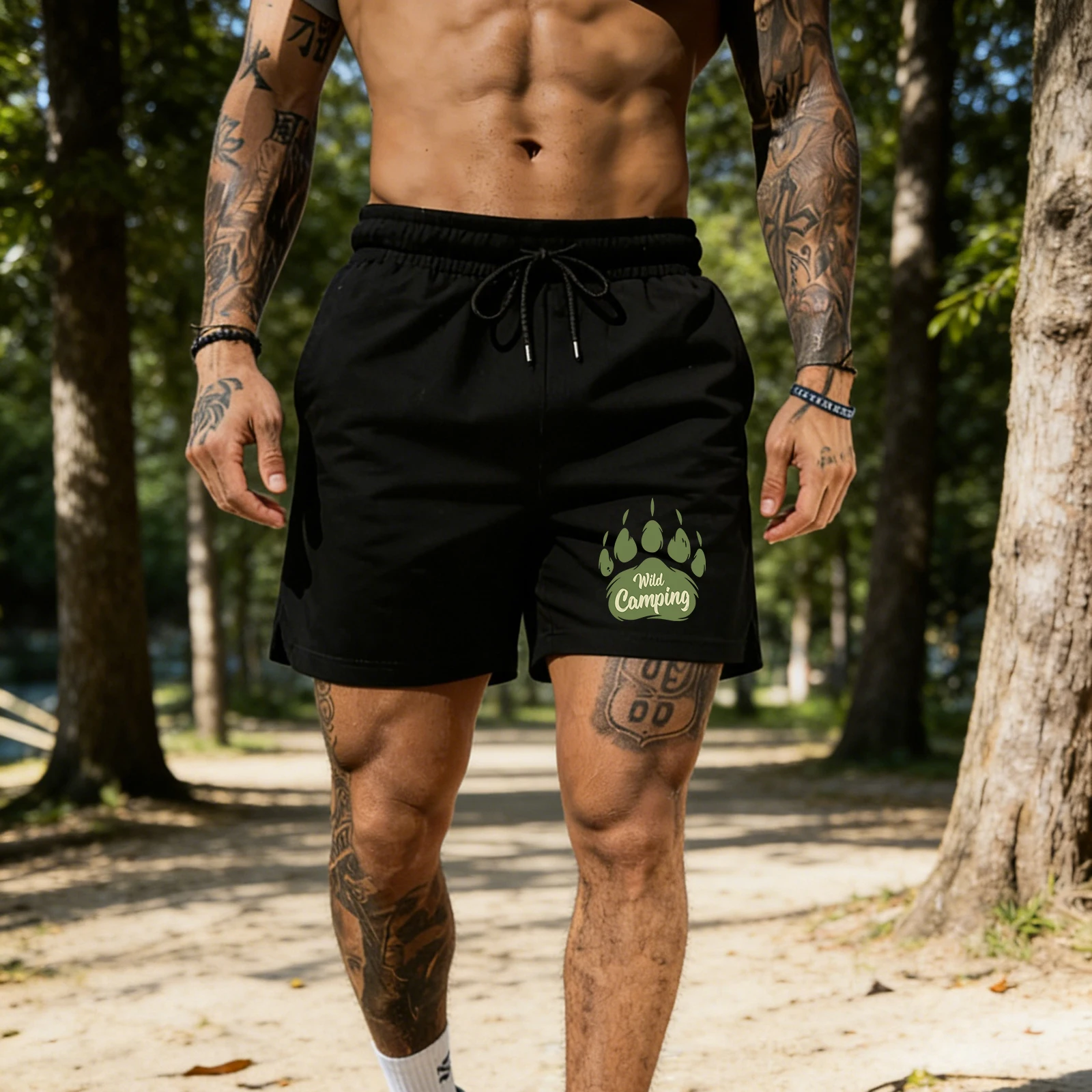 

Wild Camping Footprints Printed Retro Male Pants Summer Soft Casual Shorts Loose Sportswears Unisex Fashion Drawstring Pant