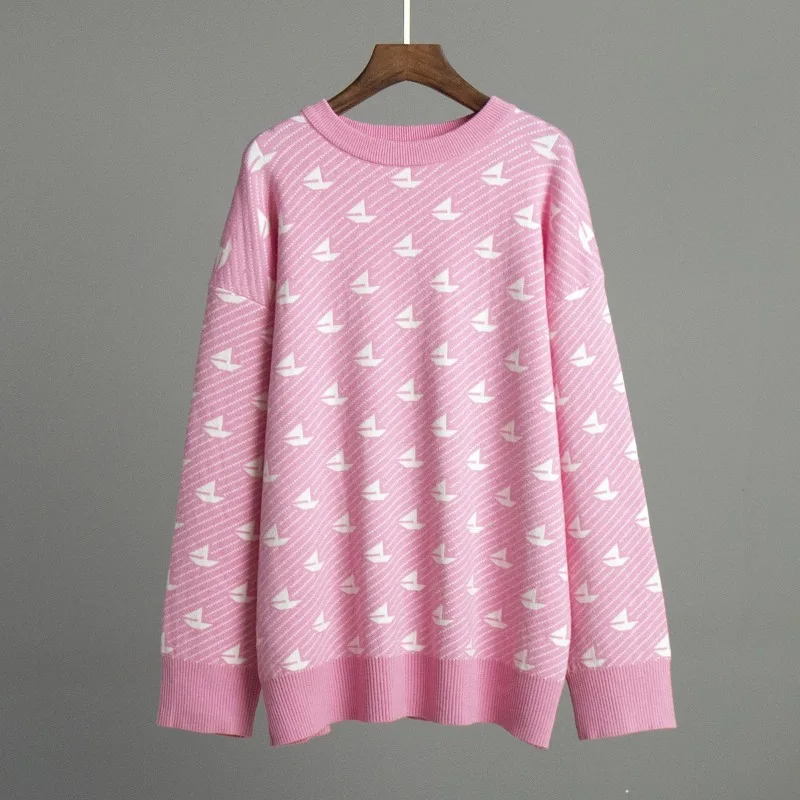 

2024 Autumn and Winter Fashion New Loose Knitted Pullover All Sail Pattern Knitted Sweater
