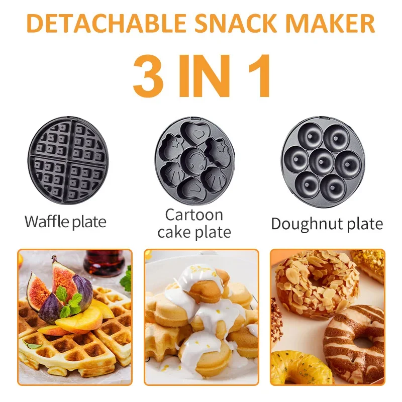 Houselin Waffle Makers, 3-in-1 Donut machine Waffle Iron Breakfast Sandwich Maker with Removable Plates, Non Stick Coating