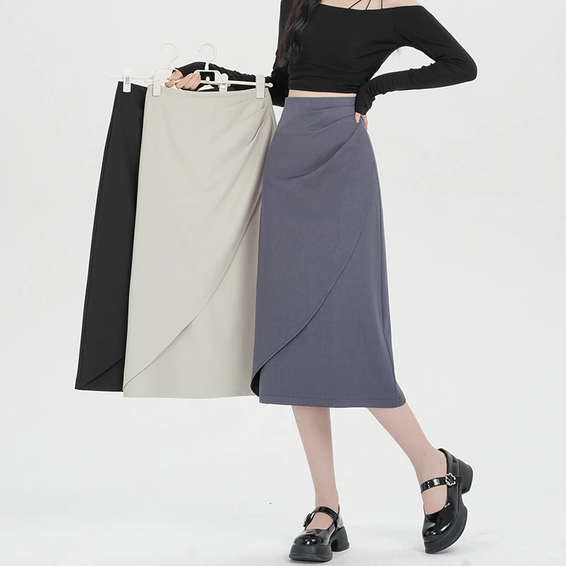 

Autumn High Waist Irregular Front Cross Women's Wrap Midi Skirts 2025 New Solid Elegant Office Sheath A-line Skirts Female