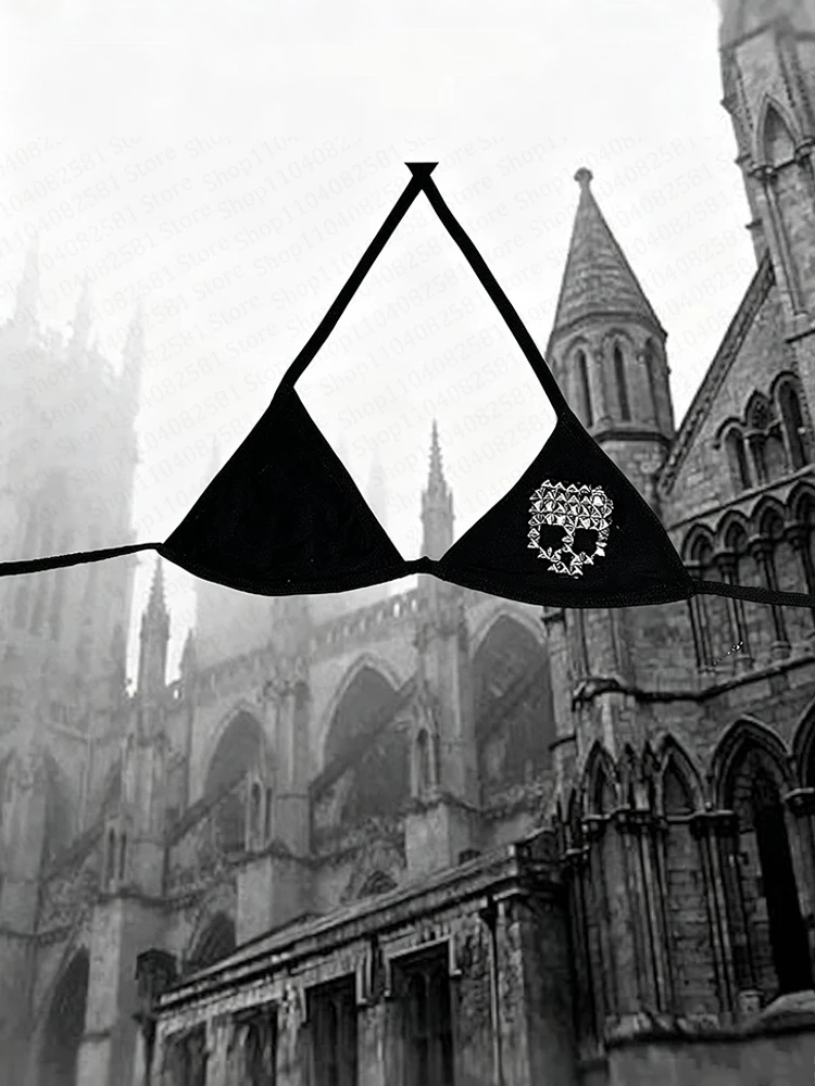 Gothic printed sexy bikini top women's swimsuit fashionable skull swimsuit slim fit summer casual niche fashion Y2k style emo