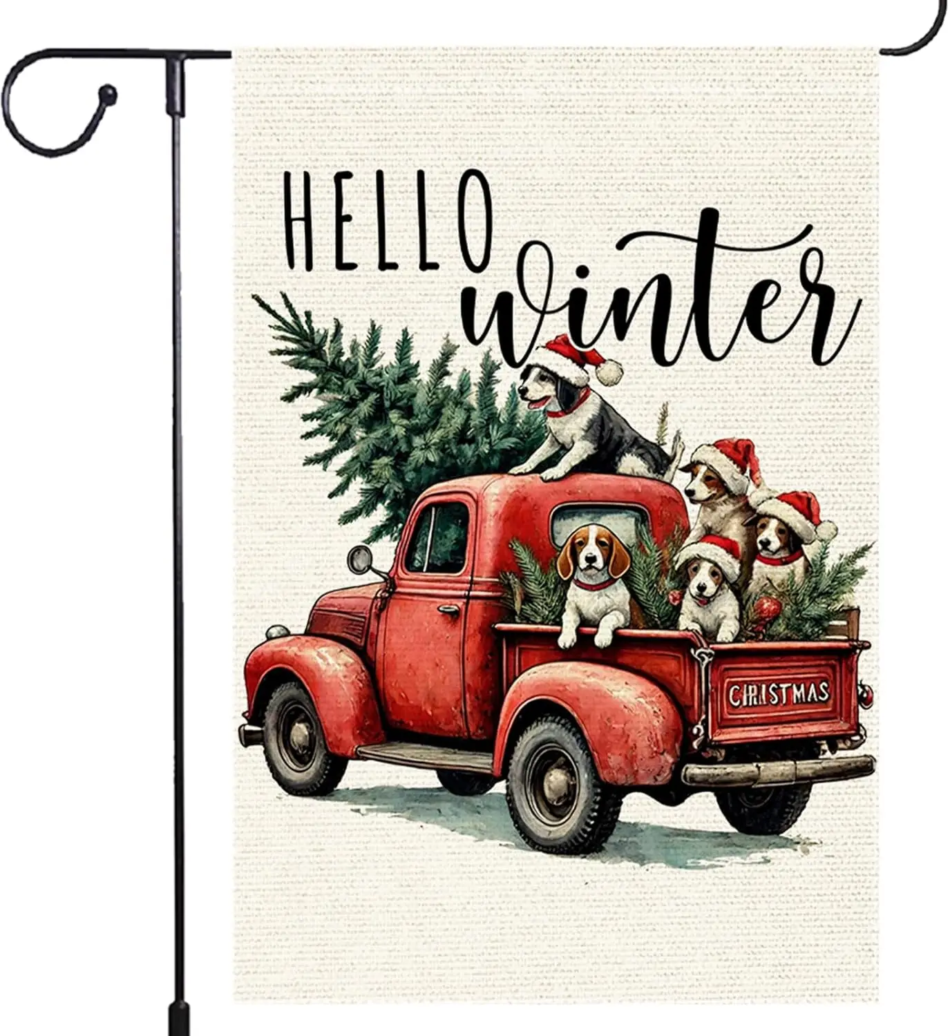 Hello Winter Garden Flag Double Sided 12 X 18 Burlap,christmas Trees Pickup Small Dogs Truck Yard Outside Decorations Outdoor De