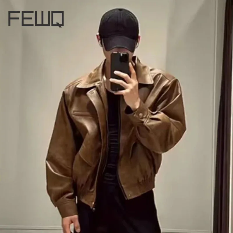 FEWQ Spring Autumn New American Tie Dye PU Leather Men\'s Jacket 2024 Solid Color Turn-down Collar Male Tops 24E1957