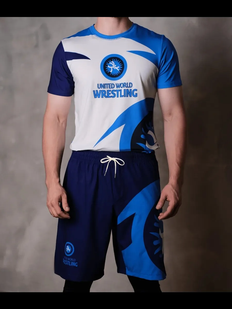 2026 Summer Men's Blue White Wrestling Style Sport Set, Quick Dry Short Sleeve Rash Guard & Shorts Athletic Training Uniform