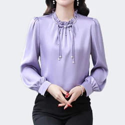 Ladies Sweet Purple Pink Blouse Office Work Shirts Women Casual Tops Long Sleeve Pullover Shirts Fashion Women Blouses 2024