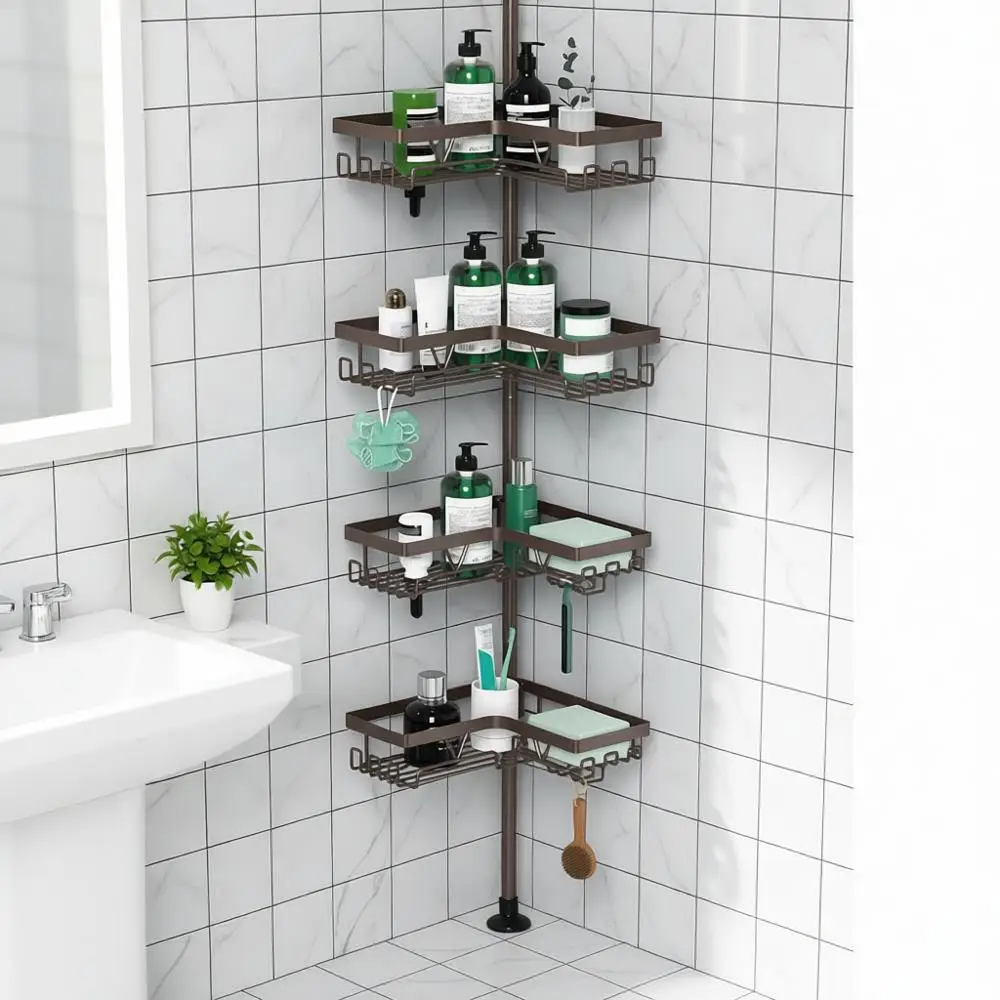 

Регулируемая 4-уровневая полка для душа с телескопической штангой, держателем для шампуня, мыльницами и крючками для организации пространства в ванной комнате