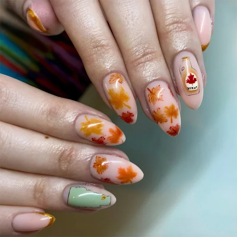 

24PCS Almond Fake Nails Autumn Maple Leaf Press on Nails Syrup Bottle Fall European American Simple Fresh Style Themed Nail Art