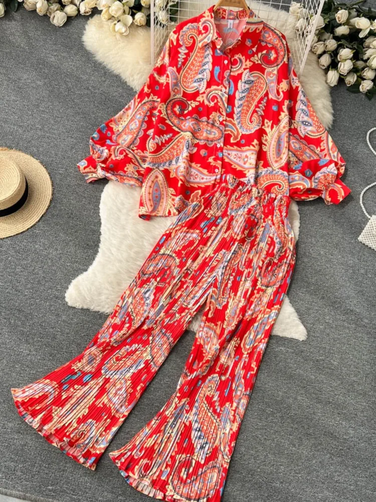 Spring Women Floral Casual Elegant 2 Pieces Set Loose Shirts Tops Wide Leg Pant Suit Female Fashion Vintage Clothes New