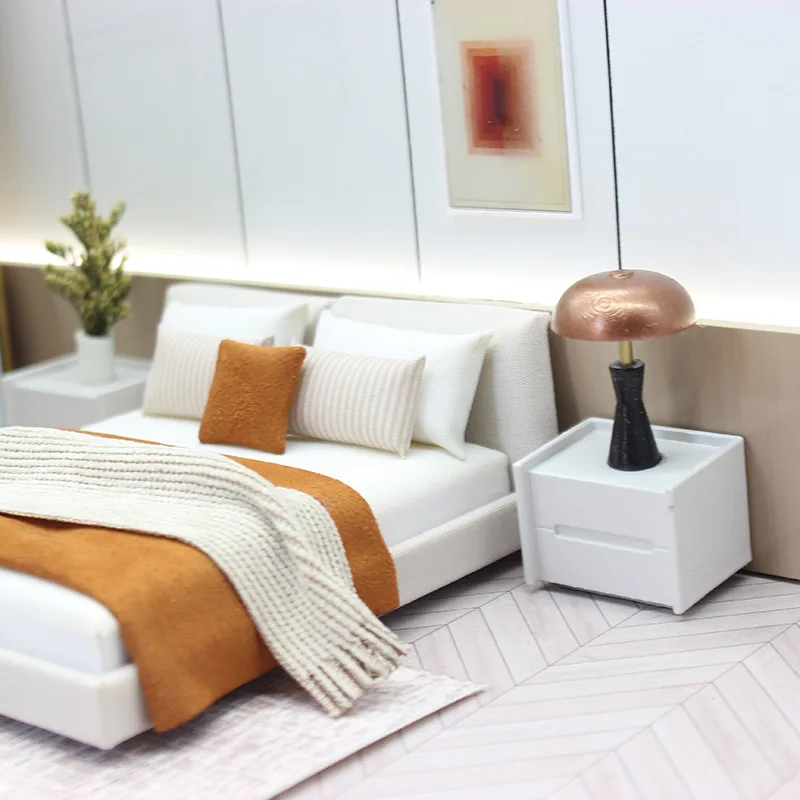 Dollhouse Mini Beds Double Beds Pillows Quilts Bedding Model DIY Construction Sandbox Scenes Indoor Mini Furniture Home Decor