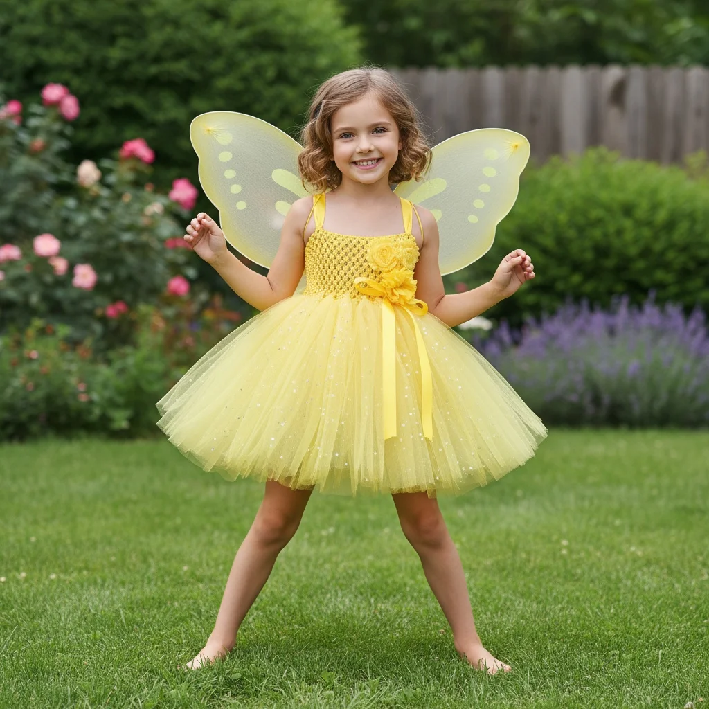 فستان توتو أصفر لامع للفتيات فستان جنية على شكل زهرة للأطفال مع جناح فراشة مجموعة أزياء حفلات الأطفال فساتين النجوم المتلألئة