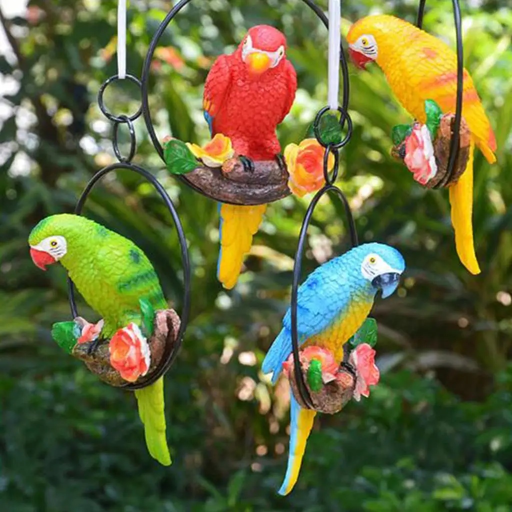 Metal Ring Garden Artificial Parrot Statue Vibrant Resin Decorative Animal Figurine Bird Ornament for Yard