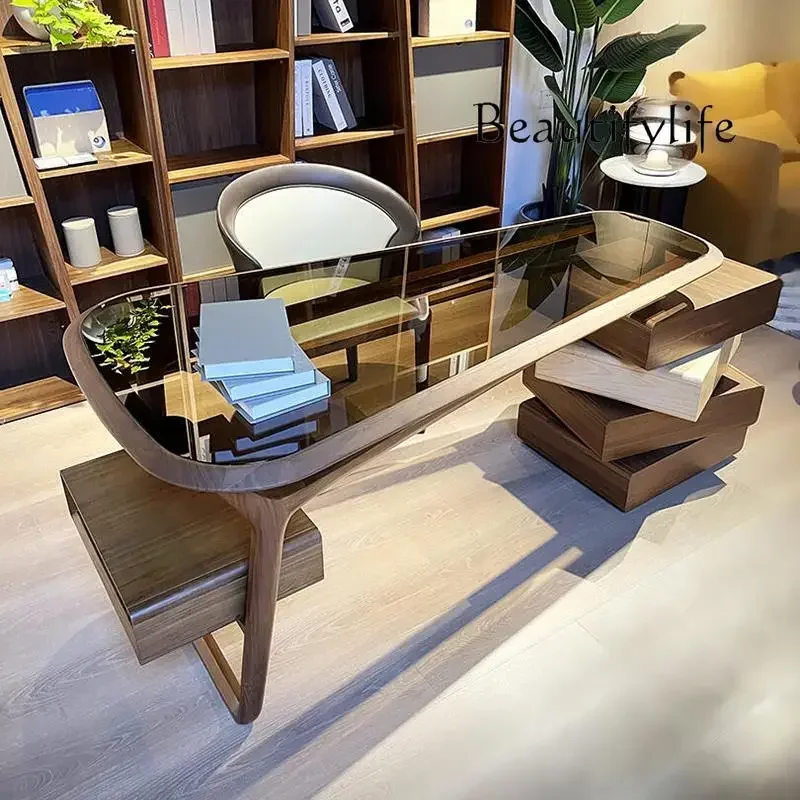 BJ F Modern Simple Solid Wood Desk North American Black Walnut Tempered Glass Designer Desk Writing Desk