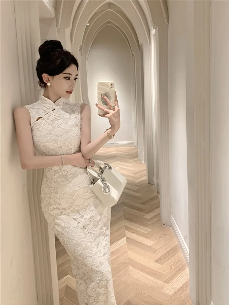 Ele Retro Koronkowa Sukienka z Guzikami, Wyszczuplająca, Letnia Nowość, Modna Sukienka Damska