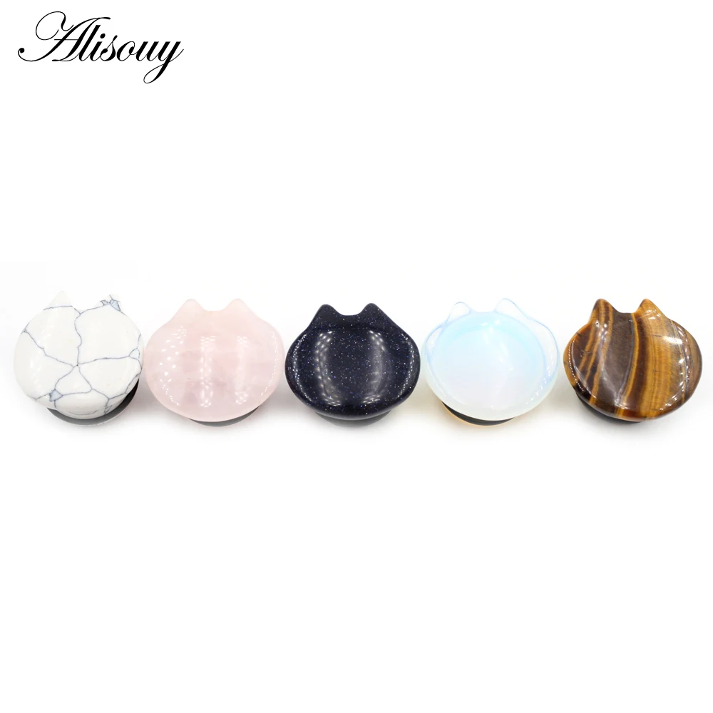 Alisouy 2pcs Women Men Lovely Cat Natural Stones Ear Tunnels Plug Flesh Expander Stretcher Gauges Earrings Body Piercing Jewelry