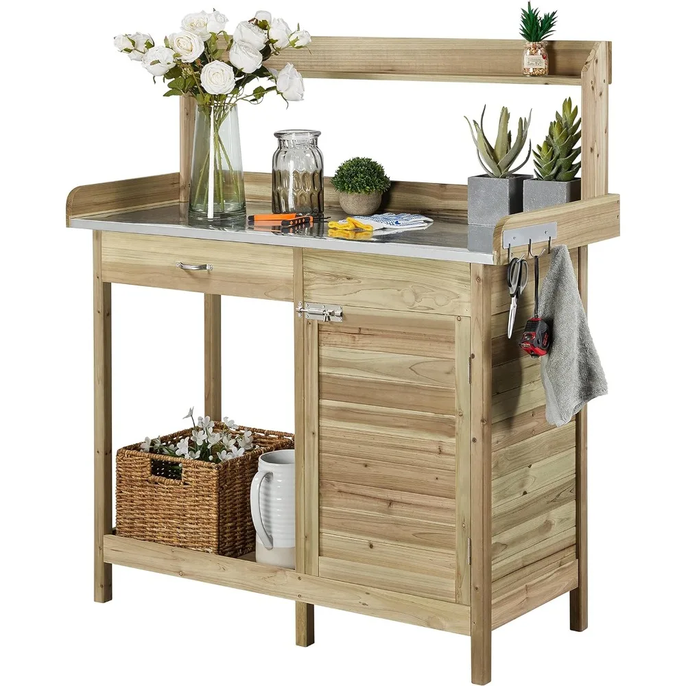 

Garden Potting Bench Potting Table ACQ Lumber Wood Outdoor Work Station Work Bench Planting with Cabinet & Drawer & Top Shelf