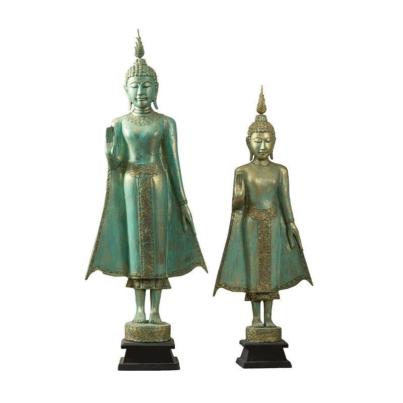 Wood carving South East Asia style welcome Buddha statue floor ornament, Thai restaurant Thai massage shop sculpture