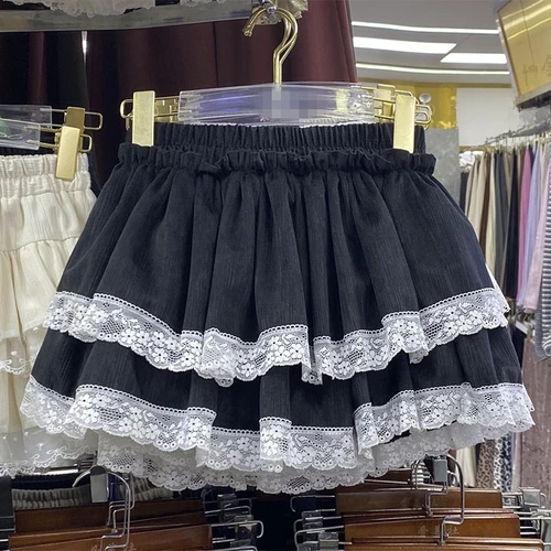 Otoño Invierno dulce Kawaii faldas de encaje negro una línea Y2k volantes Mini falda ropa de calle cintura alta diseño de falda de moda coreana