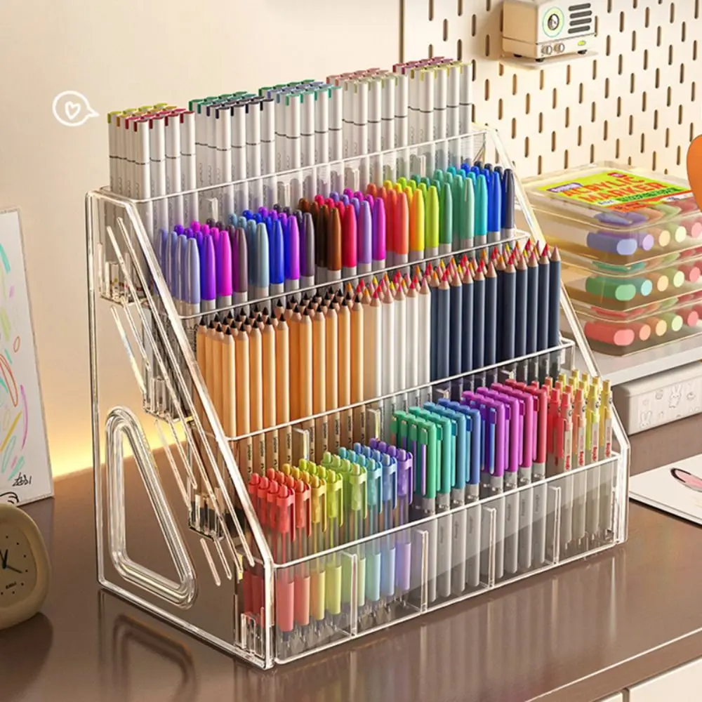 Durable Acrylic Pen Holder 3/4/5 Layers Clear Desktop Organizer Multi-Compartment Pen Rack Home Office