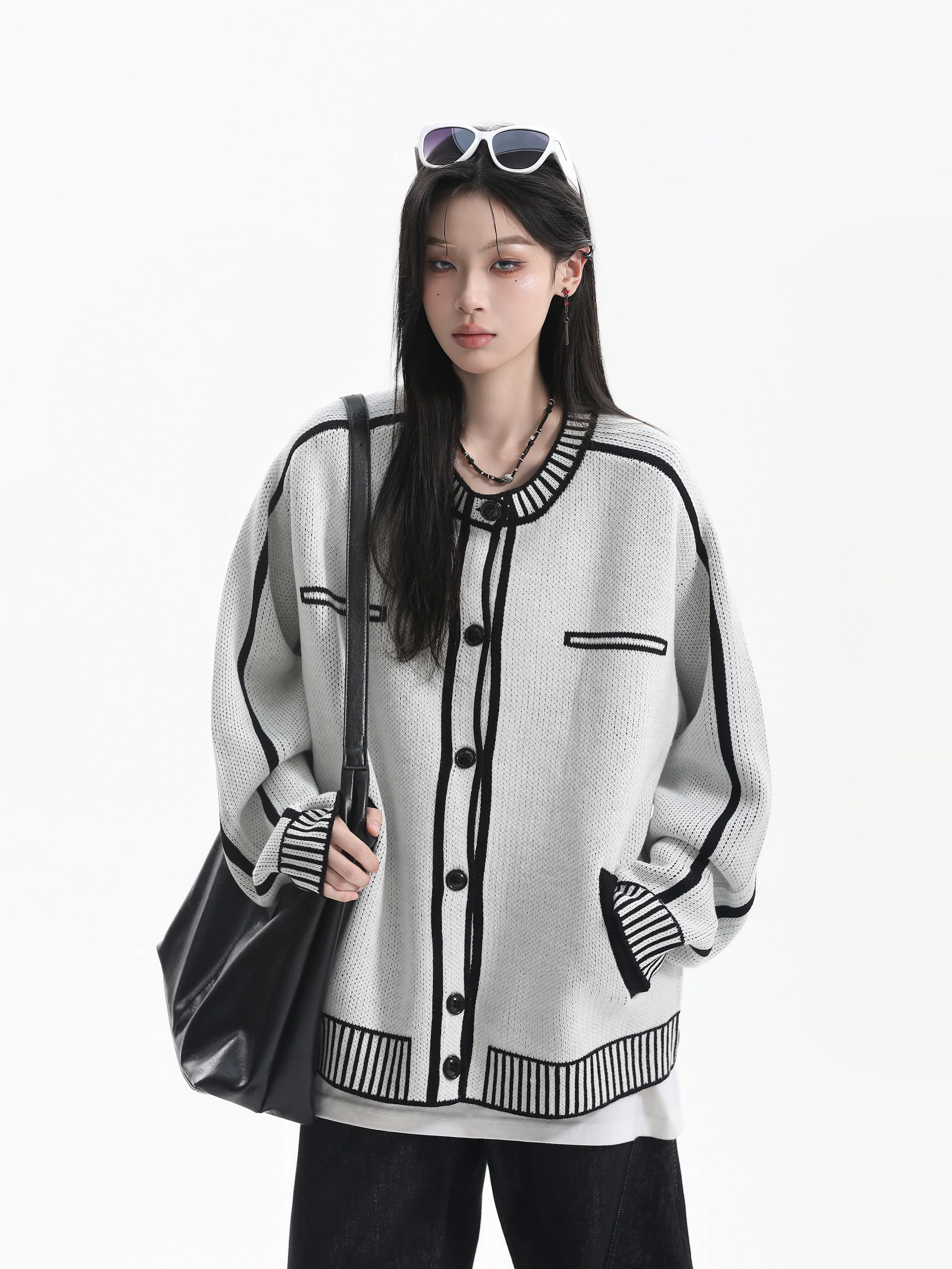 Cleanfit Korean Style Ageless Design Color Block Knitted Knit Cardigan Loose Fit Sweater Striped Pattern Contrast Line Embroi...
