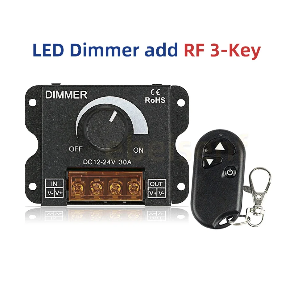 LED Knob Dimmer 30A High Power Adjustable Potentiometer Knob Dimming Switch Controller and RF Wireless Remote Control DC 12V 24V