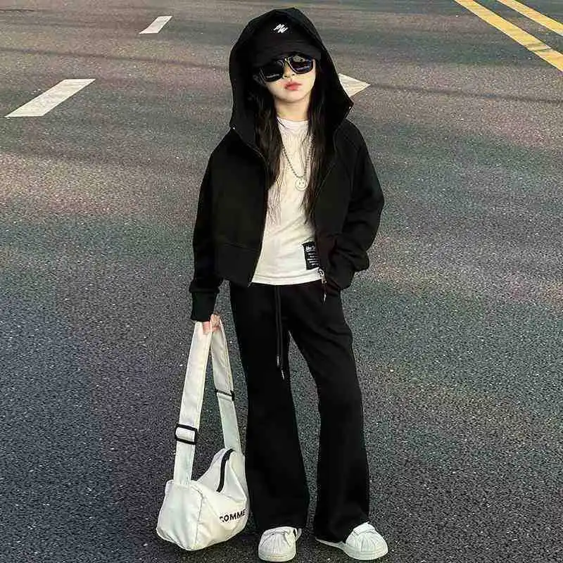2026 autumn winter teenager kids girl Children set Clothes crop top Hooded + black Straight pants 4 6 7 8 9 10 11 12 14 15 Year 4