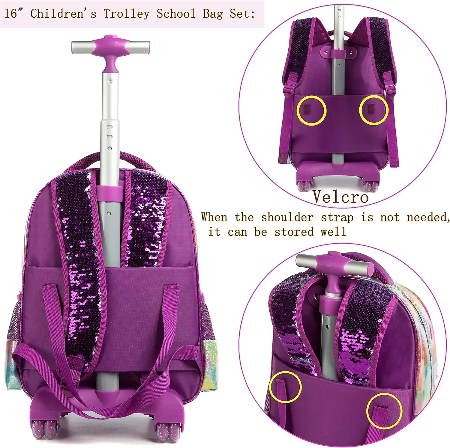 Mochila de lantejoulas com lancheira e estojos de lápis para estudantes elementares, mochila infantil de rodas para meninas de 16"