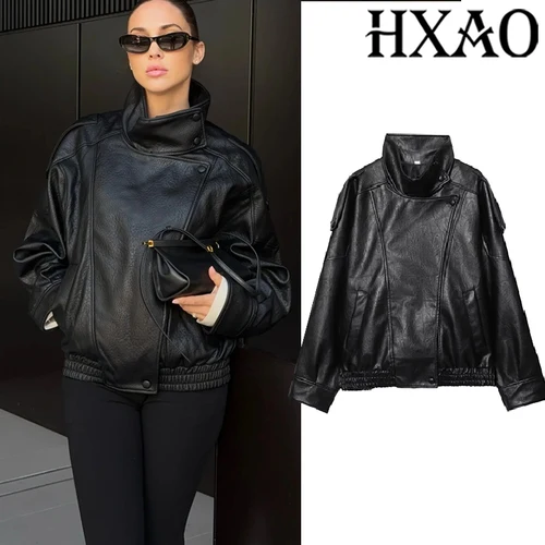 HXAO chaqueta negra para mujer, prendas de vestir exteriores, chaqueta de piel sintética, manga larga, nuevo en abrigos y chaquetas, chaqueta Bomber con cremallera para motocicleta