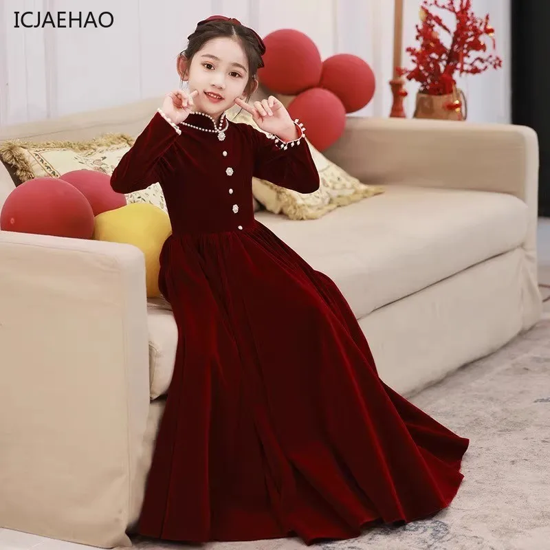 Flower Girl Wedding Dress Little Kids Gown 2025 Spring New Long Sleeve Performance Outfit Piano Recital Dress Childrens Clothes