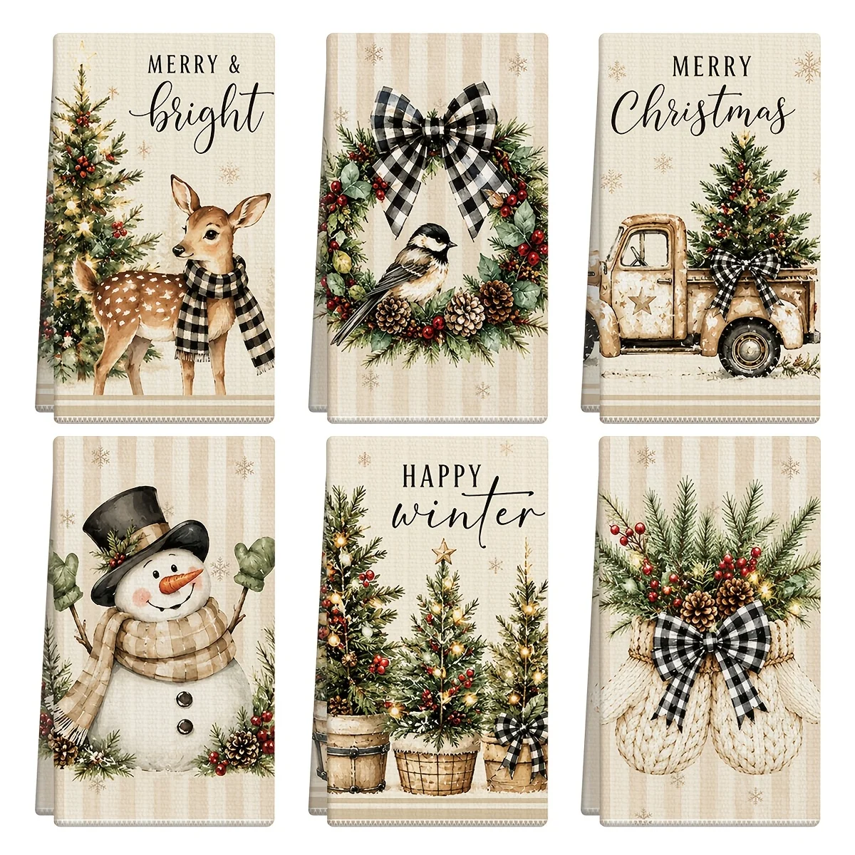 6 packs of Christmas kitchen towels, reindeer, Christmas wreath and snowman design dishtowels, soft absorbent hand towels