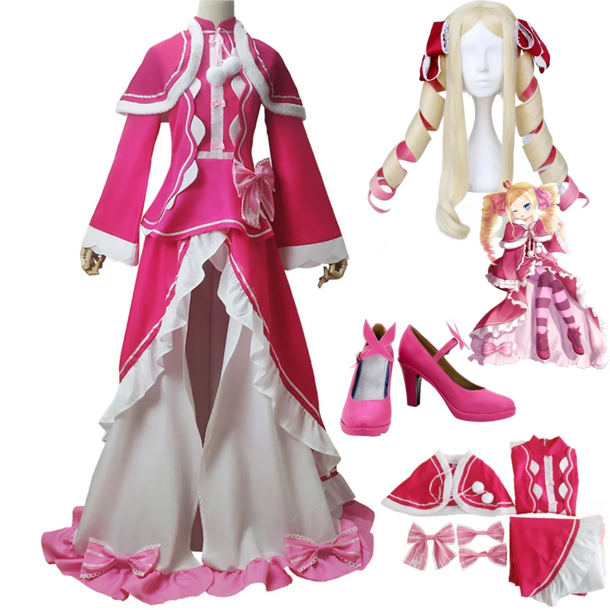 Anime Re:Life in A Different World From Zero Beatrice Cosplay Costume Wig Princess Skirt High Heels Woman Kawaii Carnival Suit