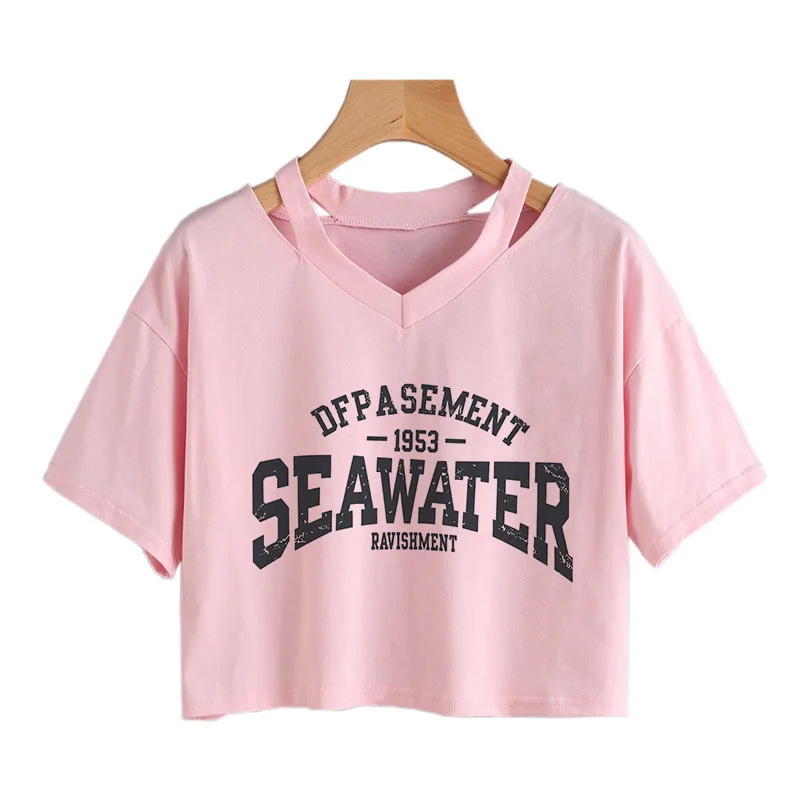 Women's V-neck Short Sleeve Crop Tops SUPERIOR Original Denim Workwear Style Vintage English Print Cropped T Shirt Clothes Sexy