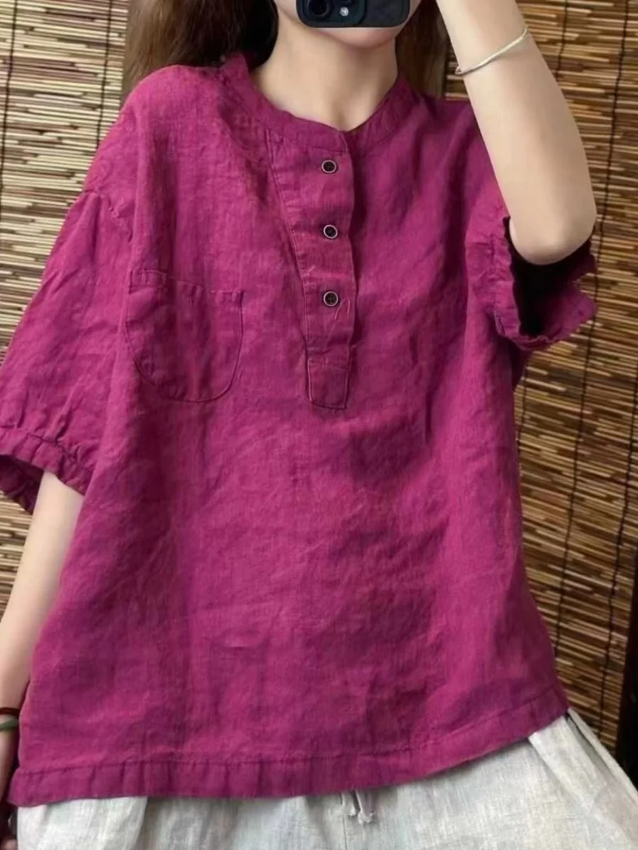 Summer 2026 New round Neck Linen Shirt Loose Casual Thin Cotton Linen Blouse Women\'s Commute Style Short Sleeve Pure Color