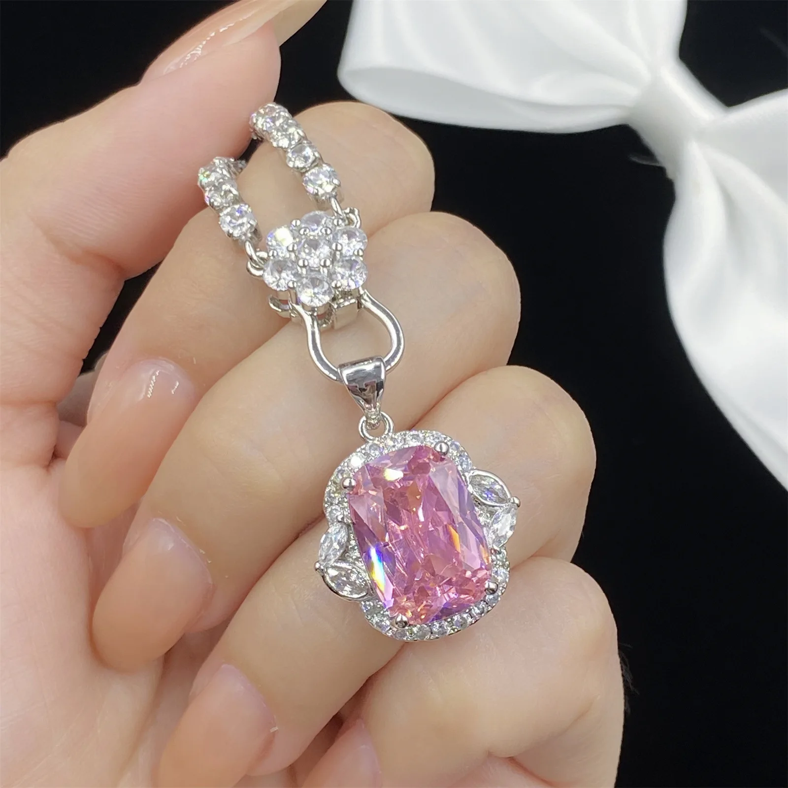 Luxury Pink Jewelry Sets 925 Silver Sparkling Zircon Elegant Statement Pendant Necklace Ring Earring Women Wedding Party Jewelry