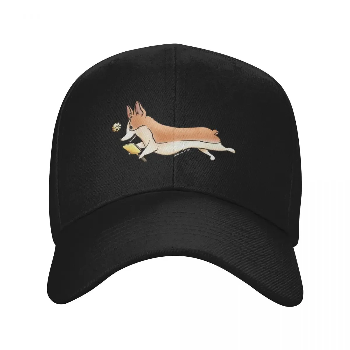 

Corgi chasing his/her Pickleball on red Baseball Cap Male hat sun hat Woman Hats Men's