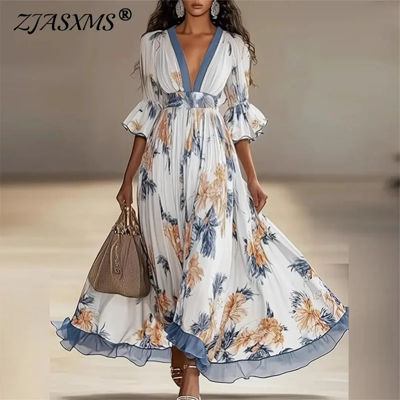 패션 프린트 스플라이싱 메쉬 롱 드레스 여성 섹시 딥 V넥 하이웨이스트 스윙 맥시 드레스 가을 반팔 러플 보헤미안 드레스