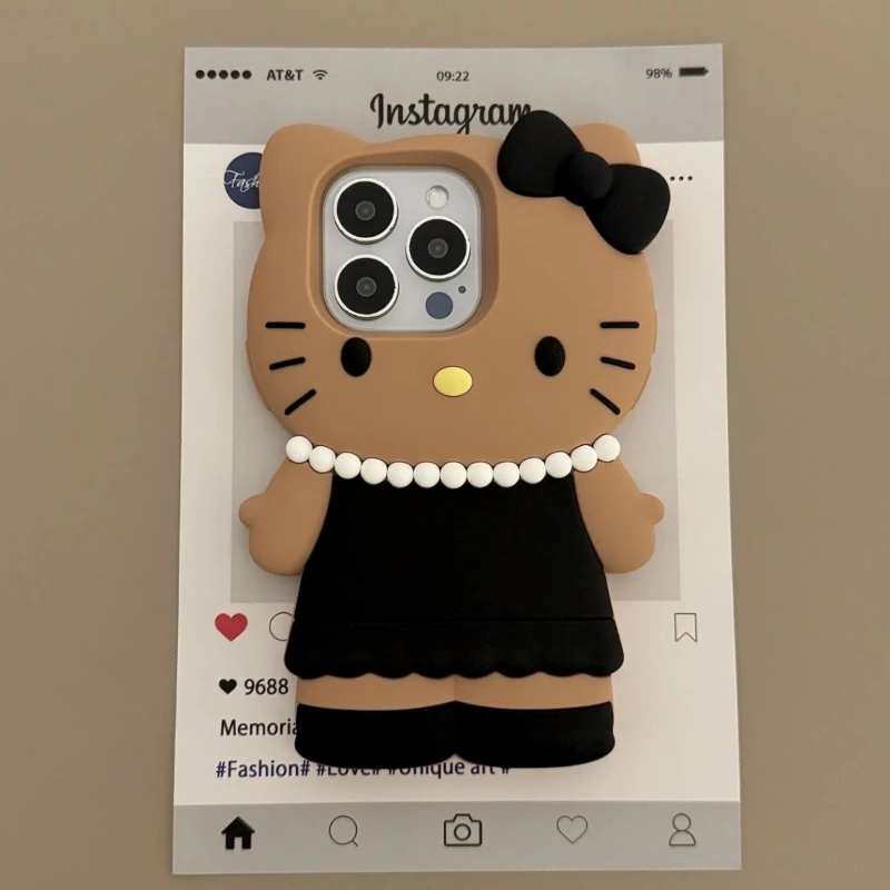 

Cute Little Chanel Style Black Leather Hello Kitty Phone Case for iPhone 16 Pro Max 15Pro 14Plus Silicone Shockproof Phone Cover